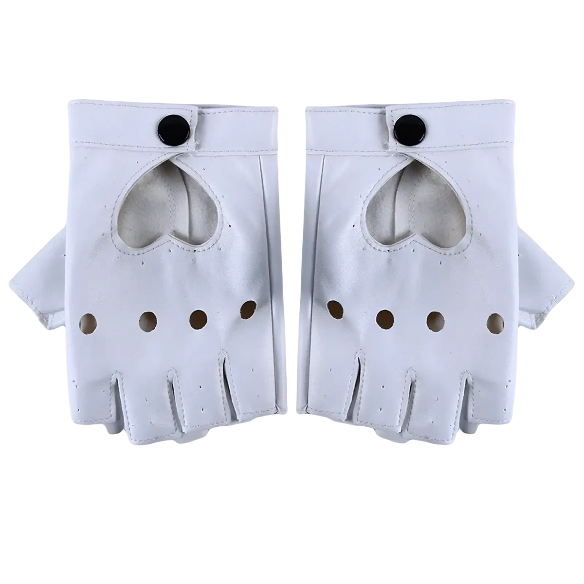 White leather fingerless gloves with heart-shaped cutouts and black button closures showing the back side