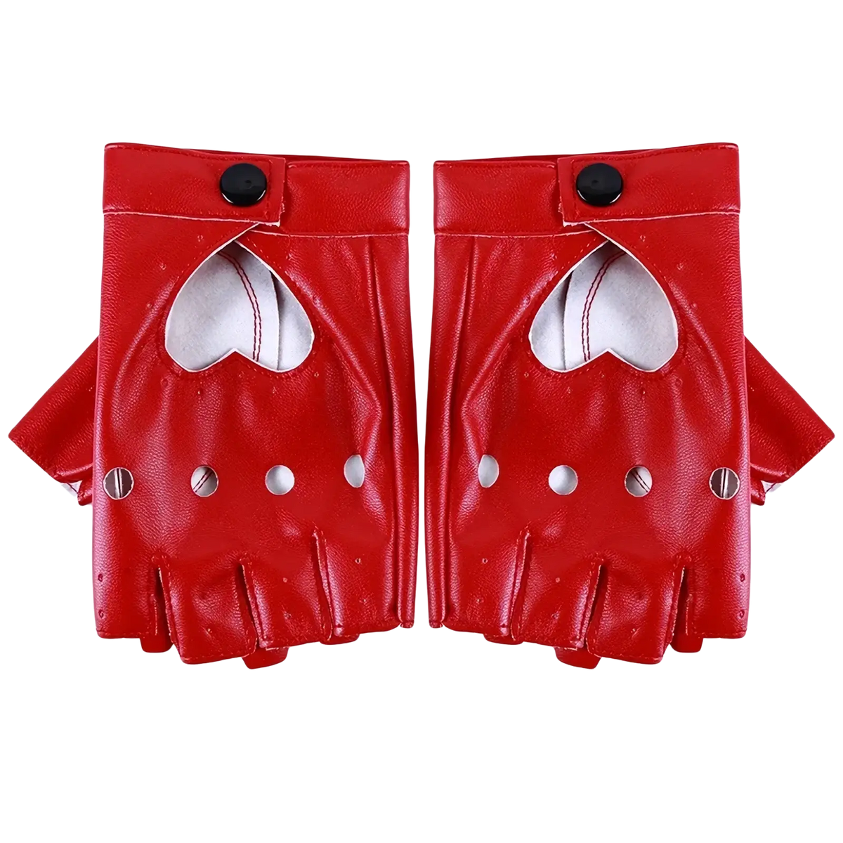 Women leather fingerless gloves in red with heart-shaped cutouts and silver studs shown from the back side