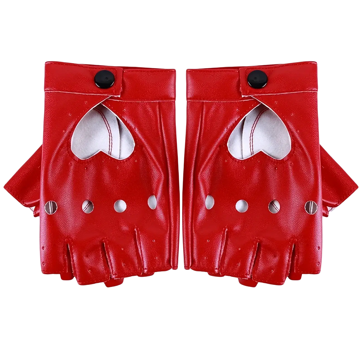Red leather fingerless gloves with heart-shaped cutouts and silver button accents for women in black white and red