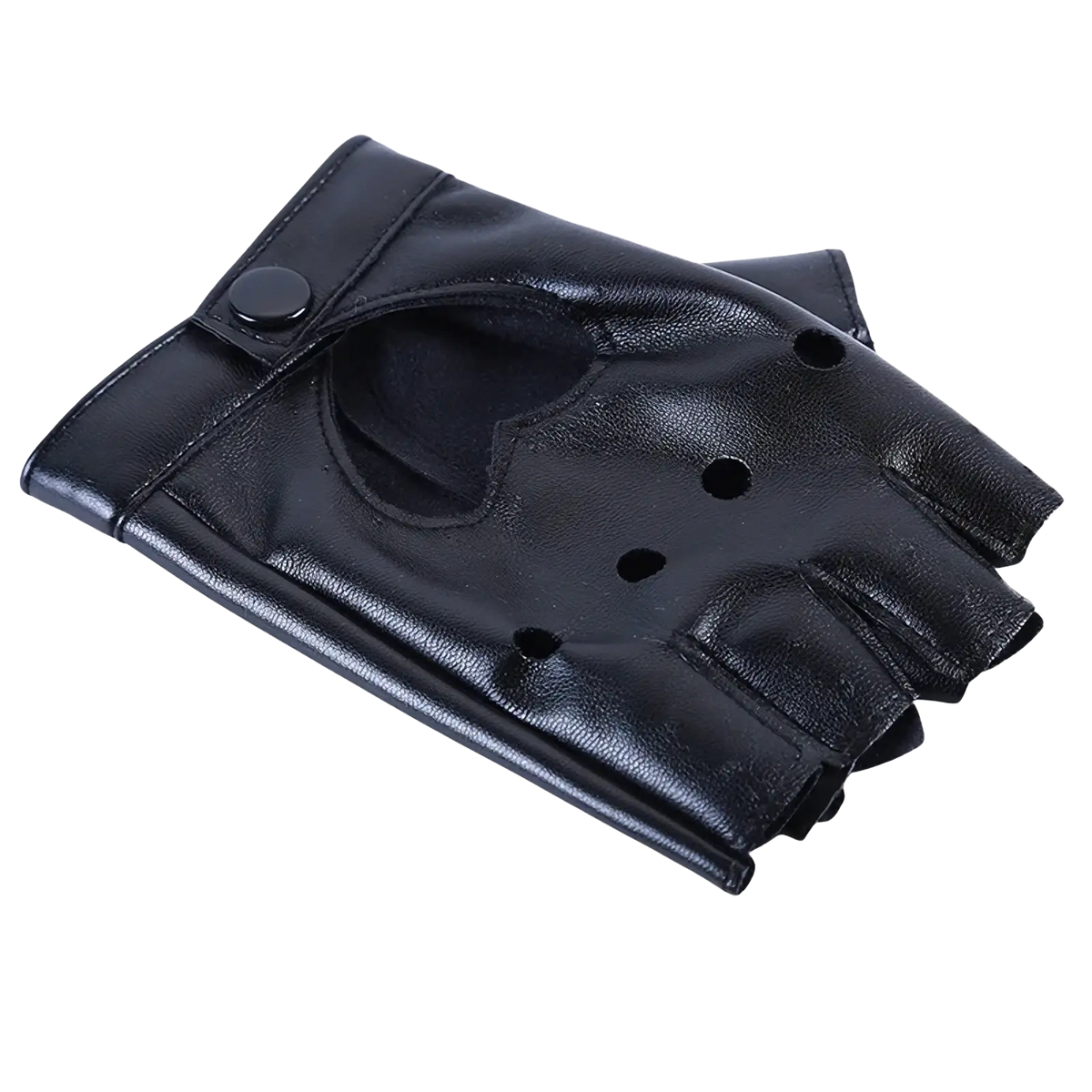Black fingerless leather gloves with matte finish and snap closure shown from the back side in women heart collection