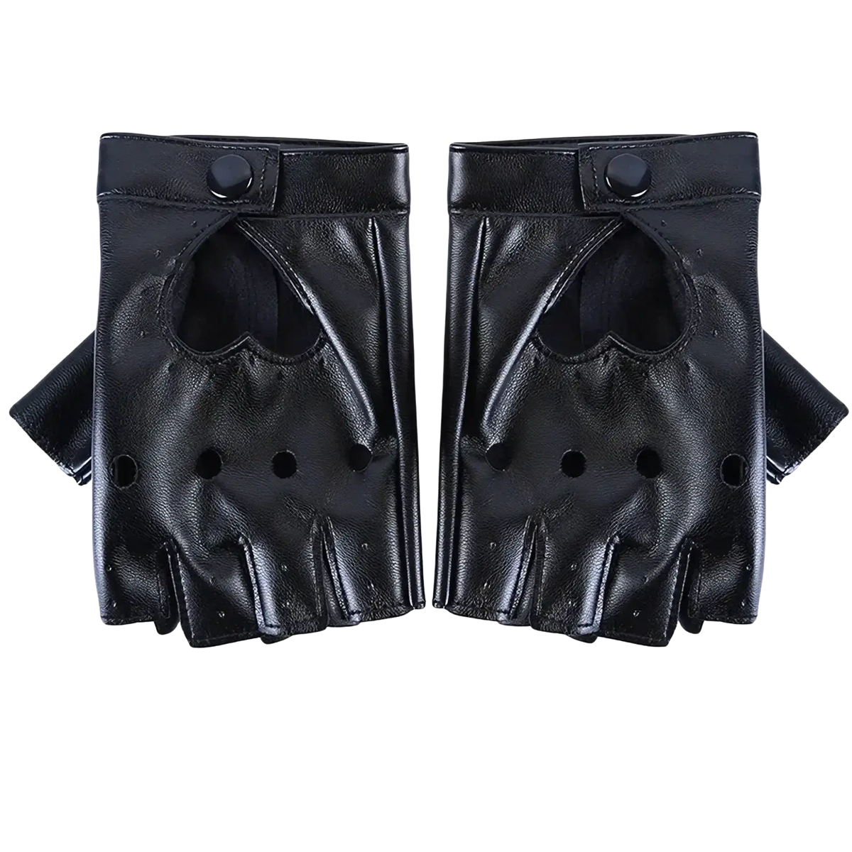 Black leather fingerless heart gloves with glossy finish and subtle palm perforations in red black white colors