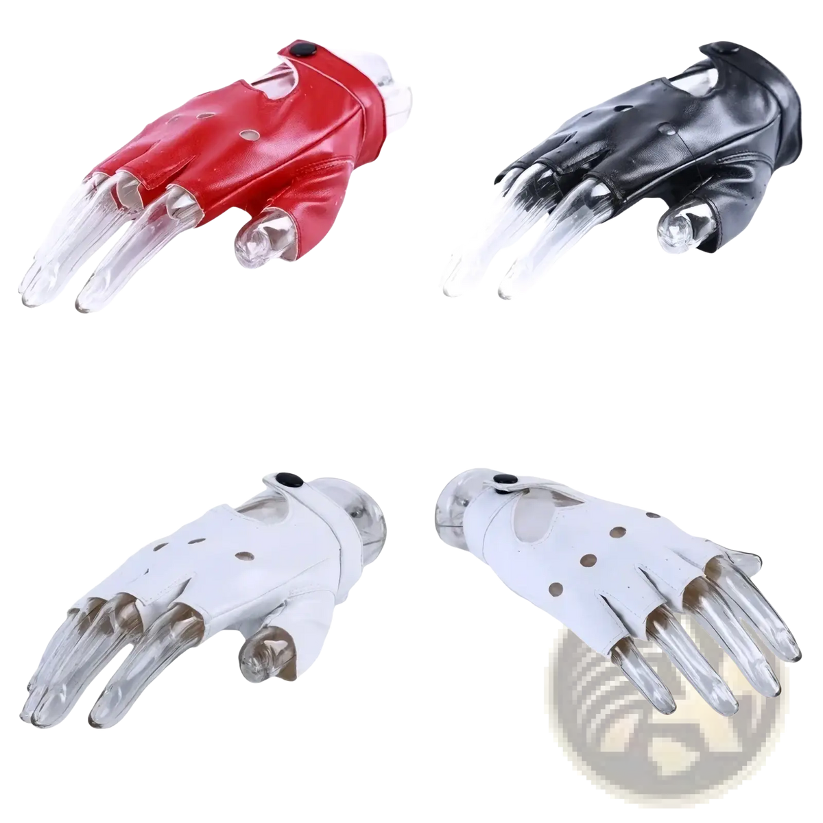 Women leather fingerless heart gloves in red black and white with clear plastic claw accents shown from the back side