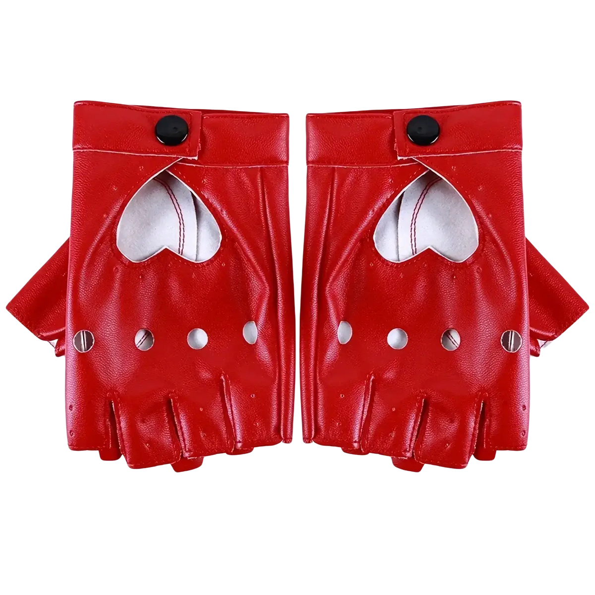 Red faux leather fingerless heart gloves with white cutouts and silver buttons in red black white colors
