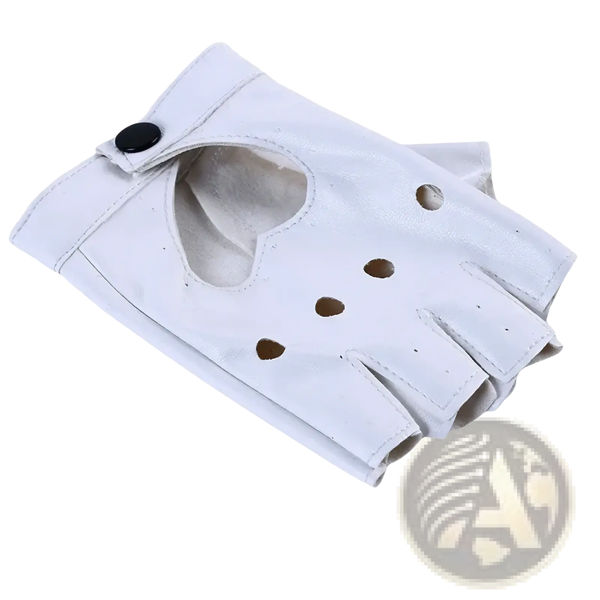 White leather women fingerless heart glove with black button closure and circular cutouts on the palm shown from the back side