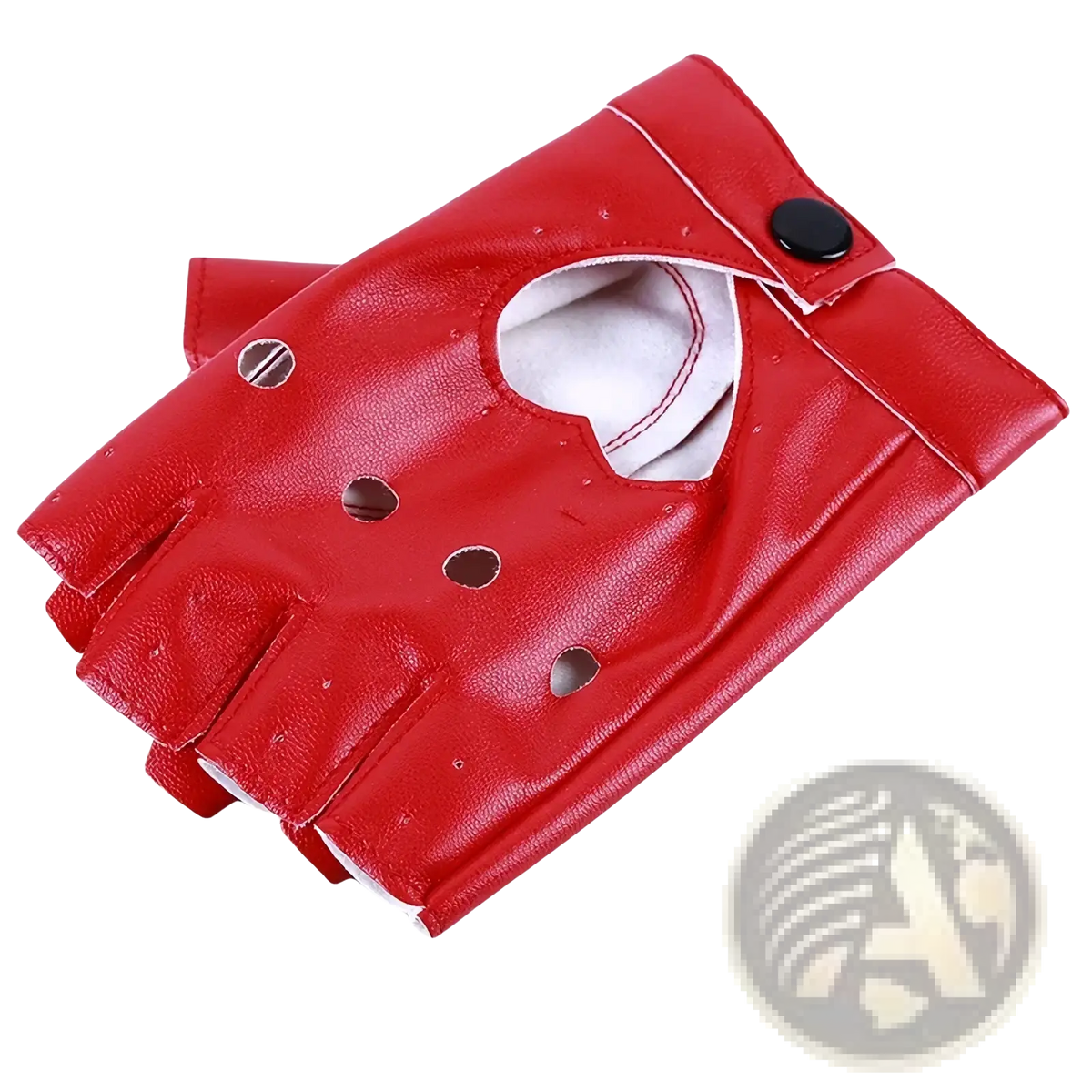Women leather fingerless heart gloves in red and black leather with perforated fingers and button closure shown from back side