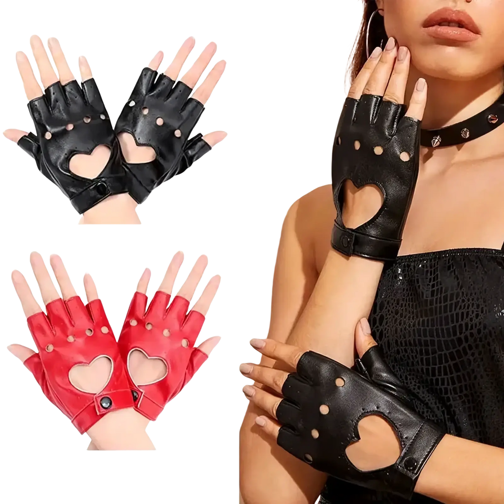 Women leather fingerless gloves in black and red with heart-shaped cutouts and decorative studs shown from the back side