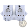 White leather fingerless gloves with heart-shaped cutouts and black button closures showing the back side
