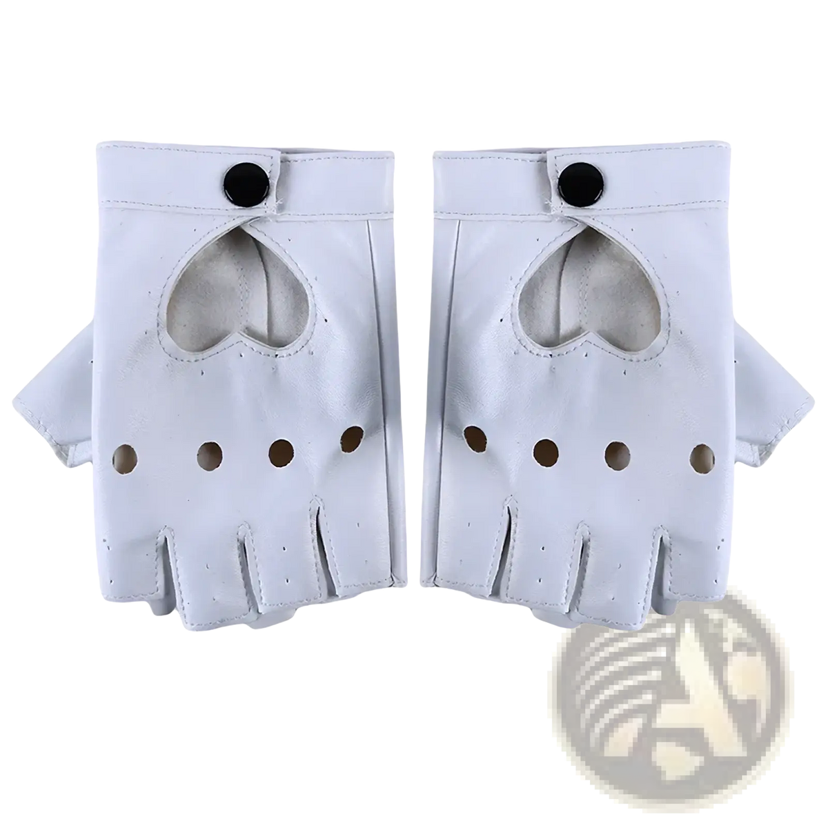 White leather fingerless gloves with heart-shaped cutouts and black button closures showing the back side