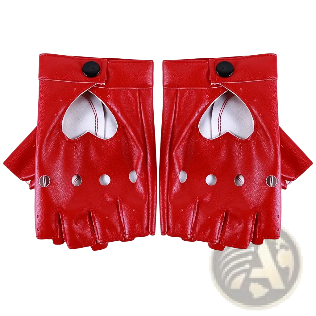 Red leather fingerless gloves with heart-shaped cutouts and silver button accents for women in black white and red