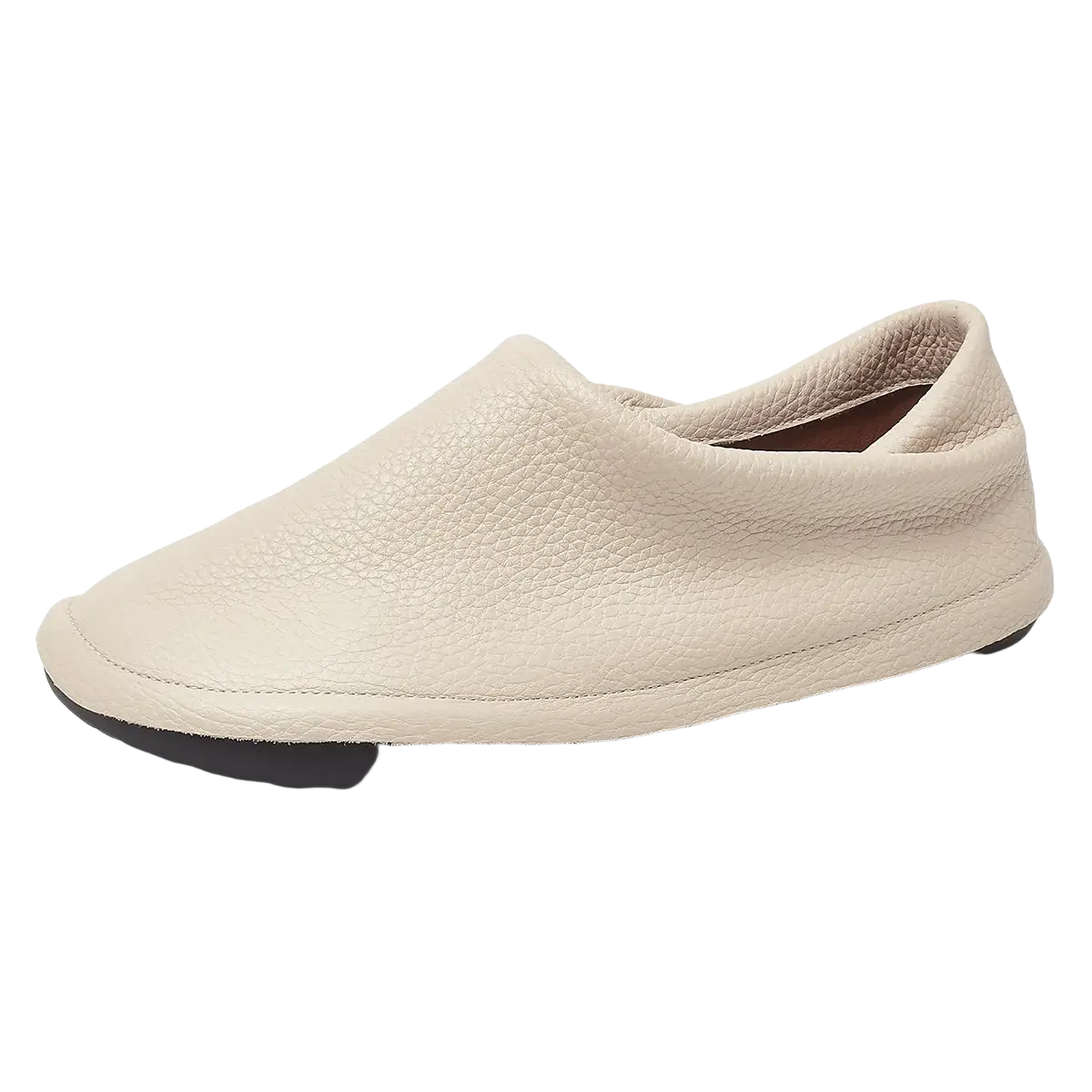 Beige pebbled leather slip-on loafer with black rubber sole women leather flat shoes comfortable work footwear