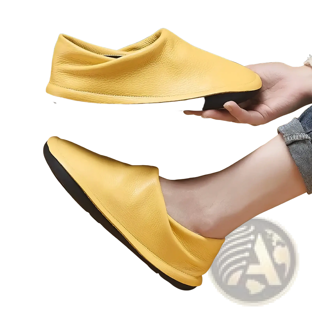 Bright yellow leather slip-on women leather flat shoes with black rubber sole comfortable work footwear