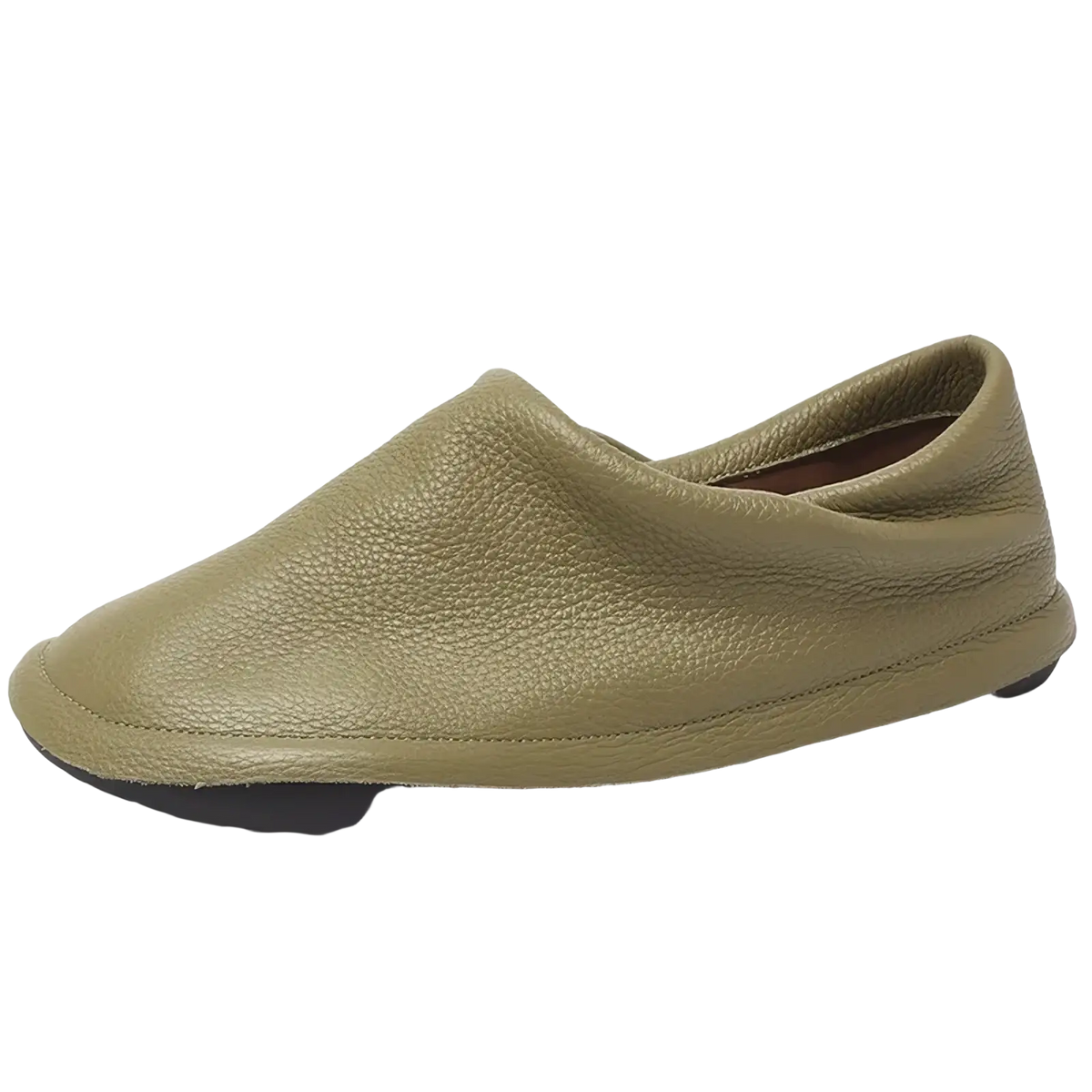 Olive green leather slip-on loafer with pebbled texture and black rubber sole for comfortable women’s work footwear