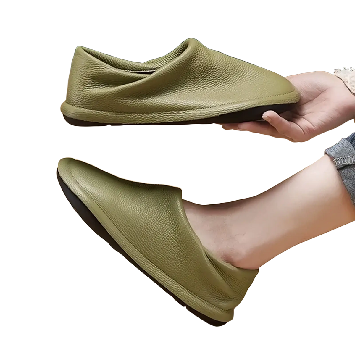 Women leather flat shoes comfortable work footwear in olive green leather with a soft pebbled texture and black soles