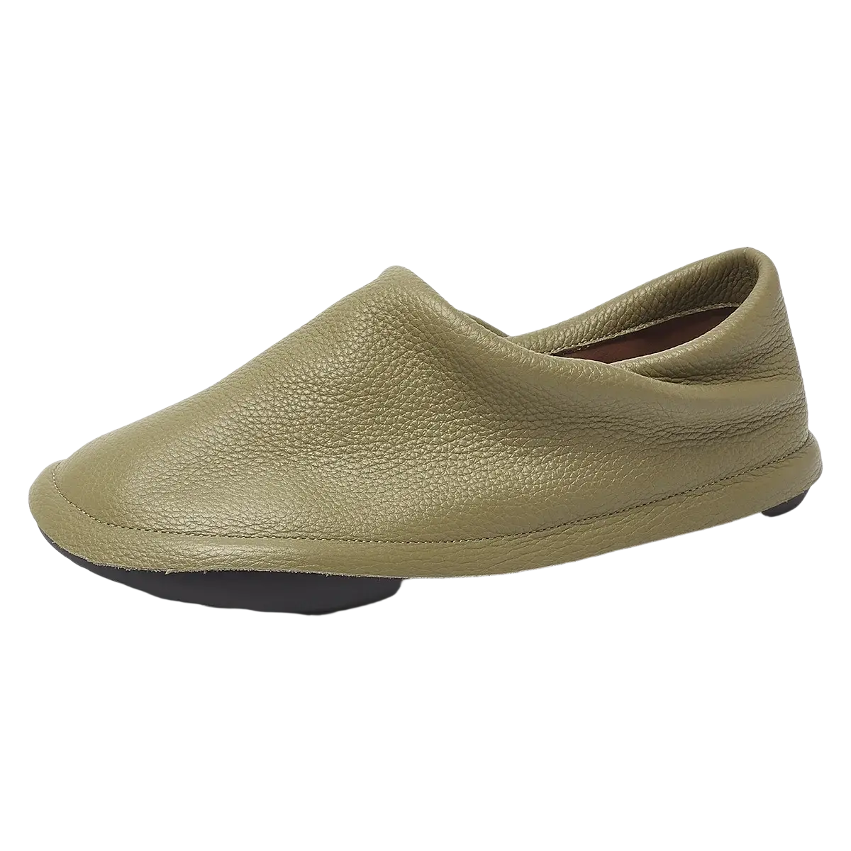 Olive green pebbled leather slip-on loafer with black rubber sole women leather flat shoes comfortable work footwear