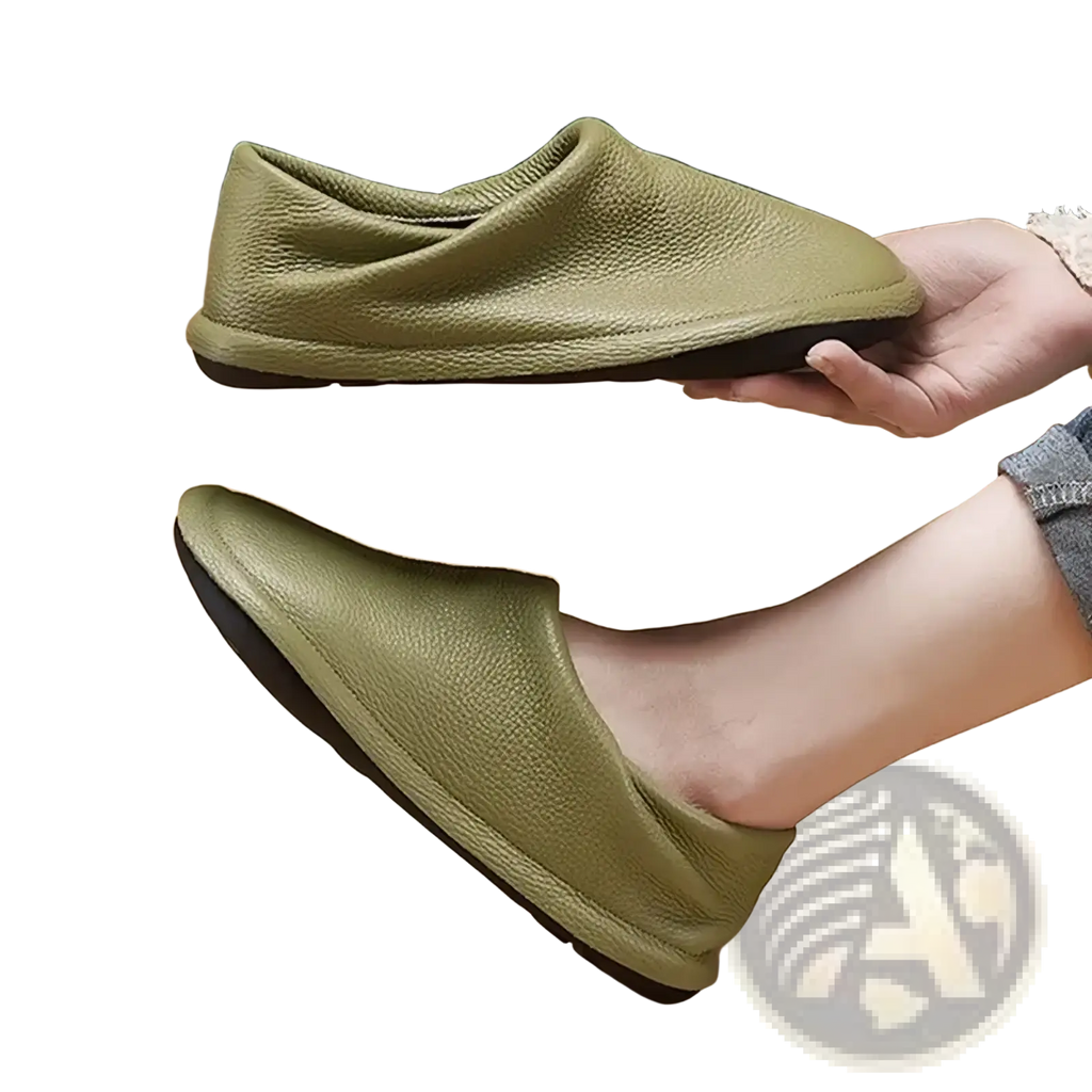 Women leather flat shoes comfortable work footwear in olive green leather with a soft pebbled texture and black soles