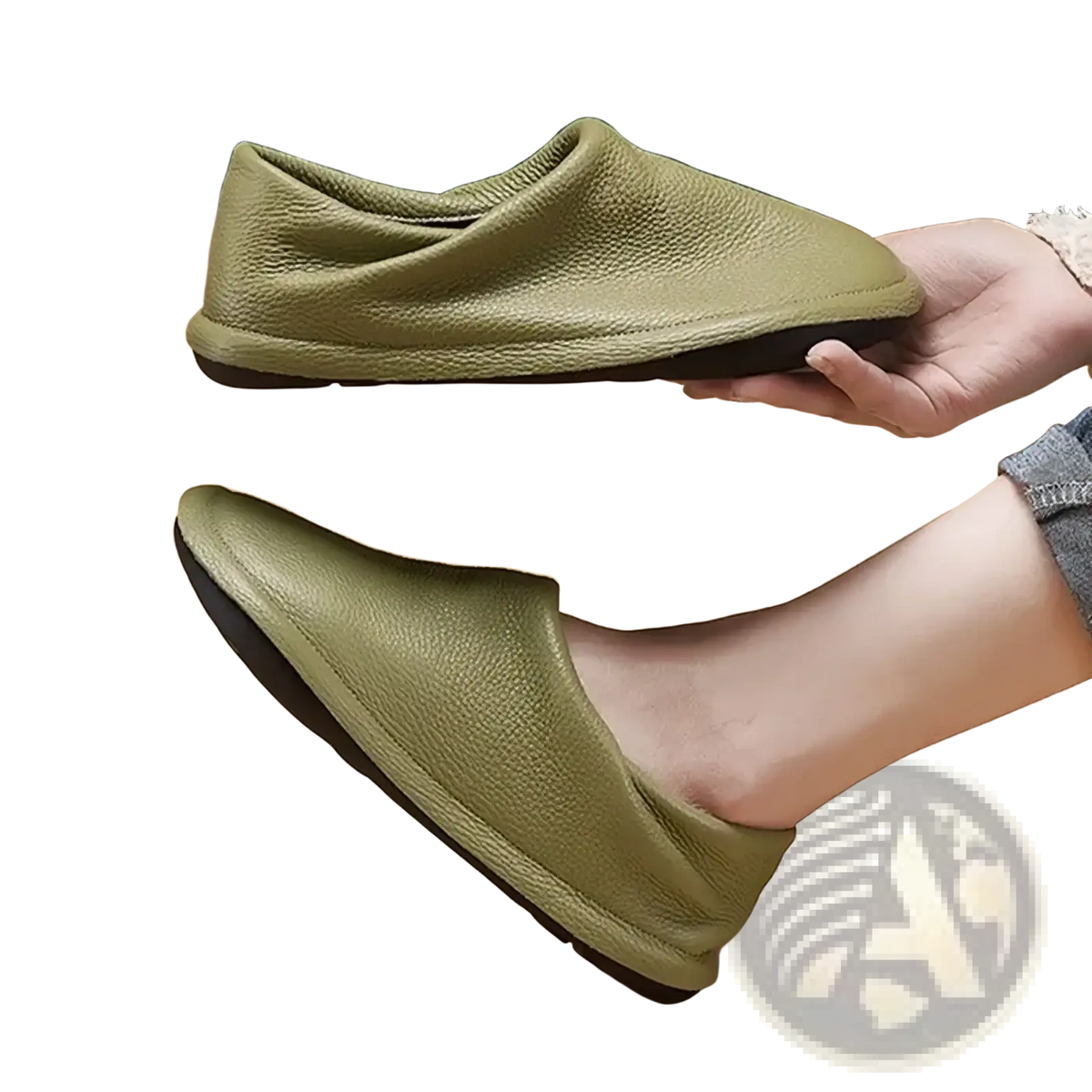 Women leather flat shoes comfortable work footwear in olive green leather with a soft pebbled texture and black soles
