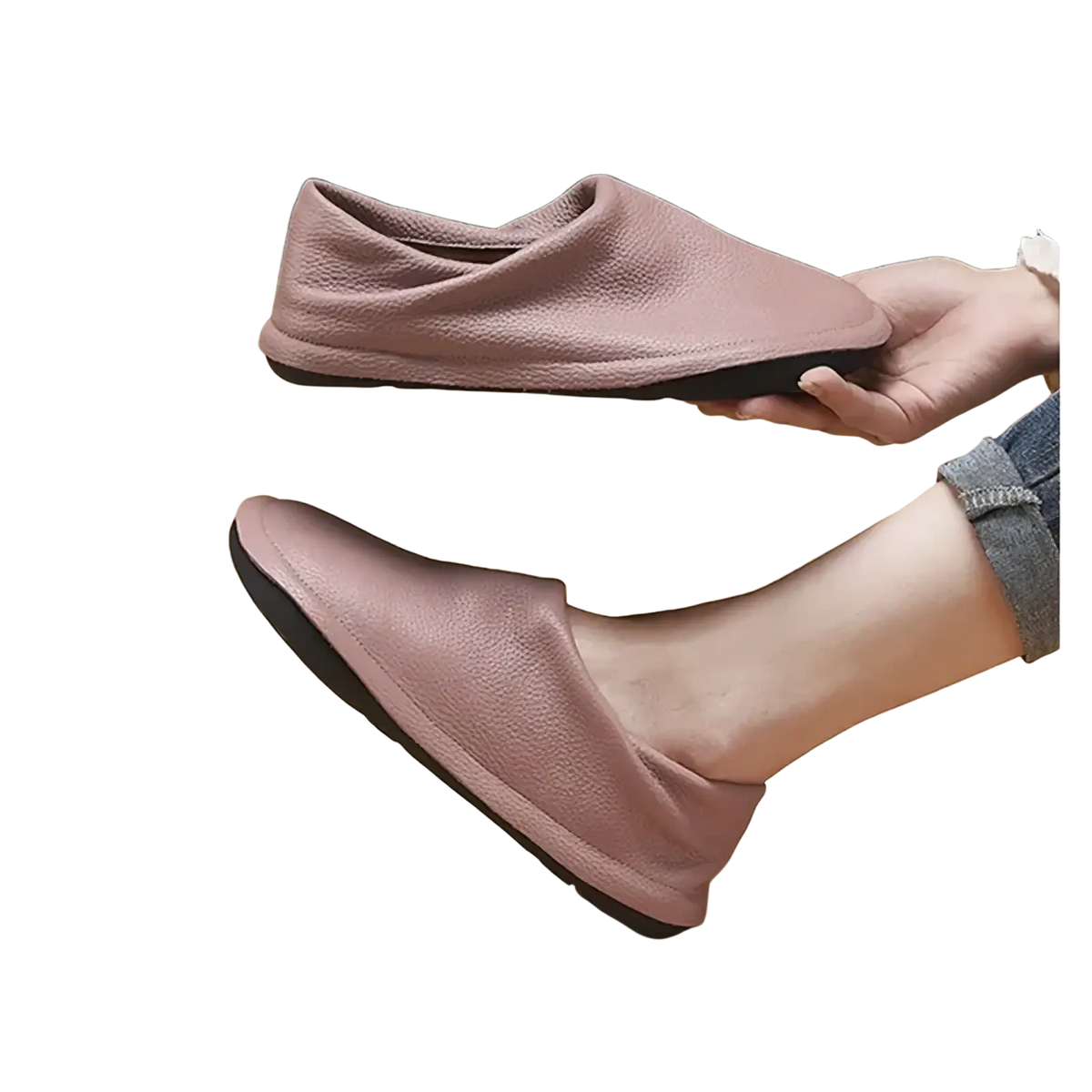 Soft pink leather slip-on flats with black rubber sole women leather flat shoes comfortable work footwear