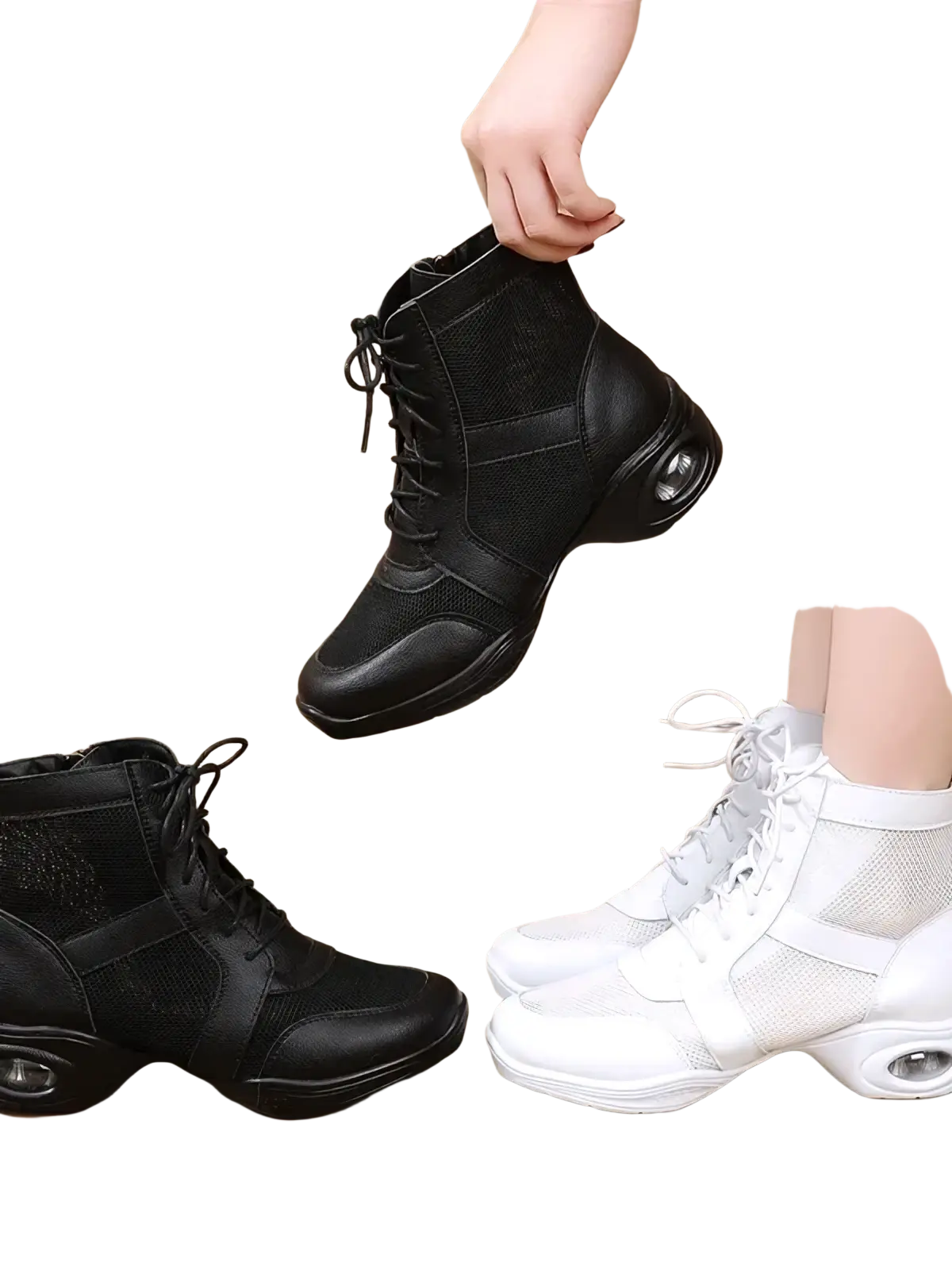 Black mesh and leather women leather jazz dance shoe with cushioned air-cushioned mid heel visible from the back side