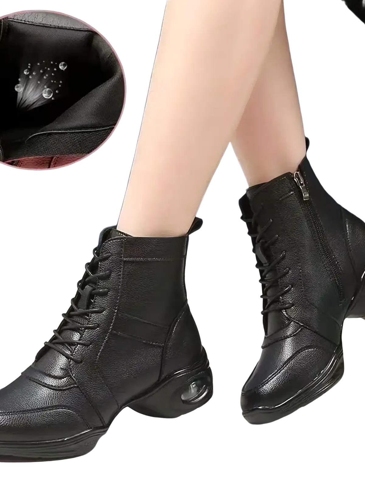Black leather ankle boots with laces and cushioned mid heel designed as women leather jazz dance shoes black mesh