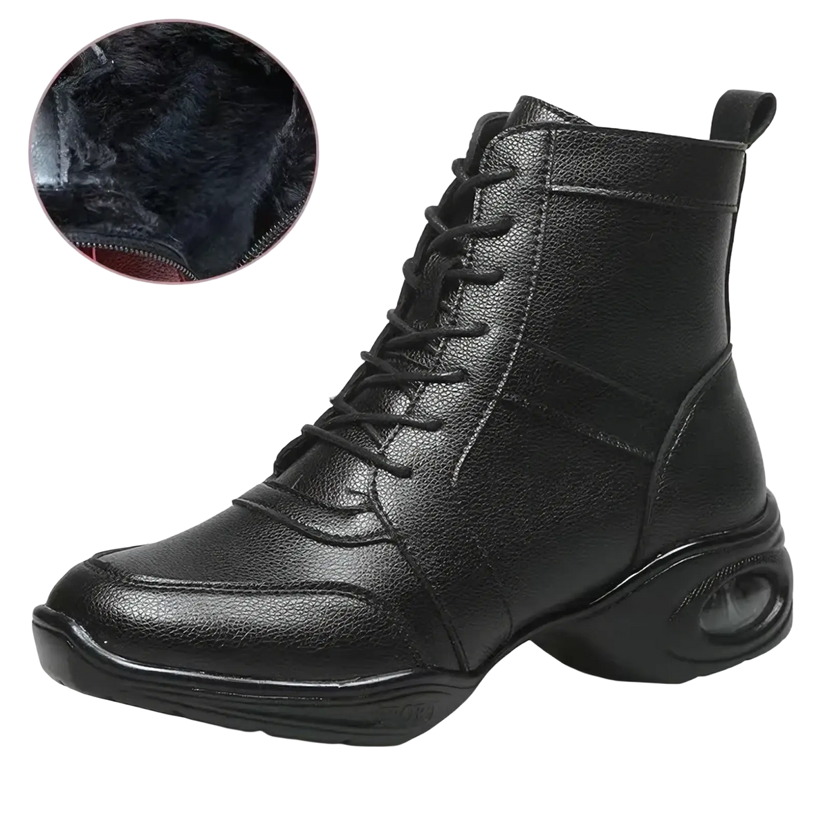 Women leather jazz dance shoes mid heel black mesh with black leather ankle boot featuring textured surface and air-cushioned sole