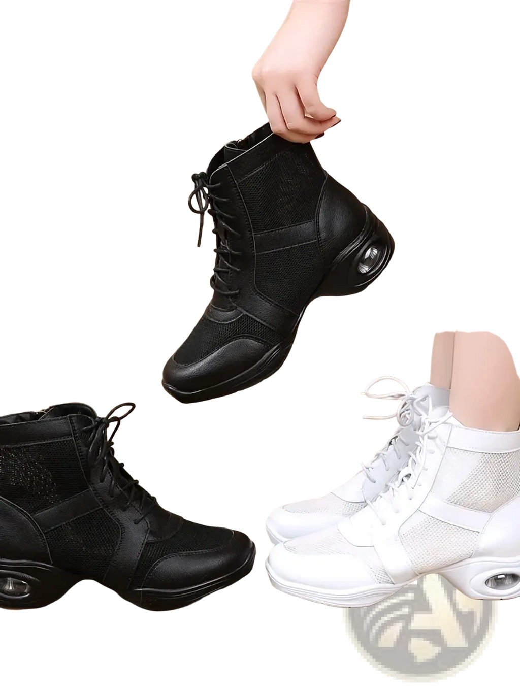 Black mesh and leather women leather jazz dance shoe with cushioned air-cushioned mid heel visible from the back side