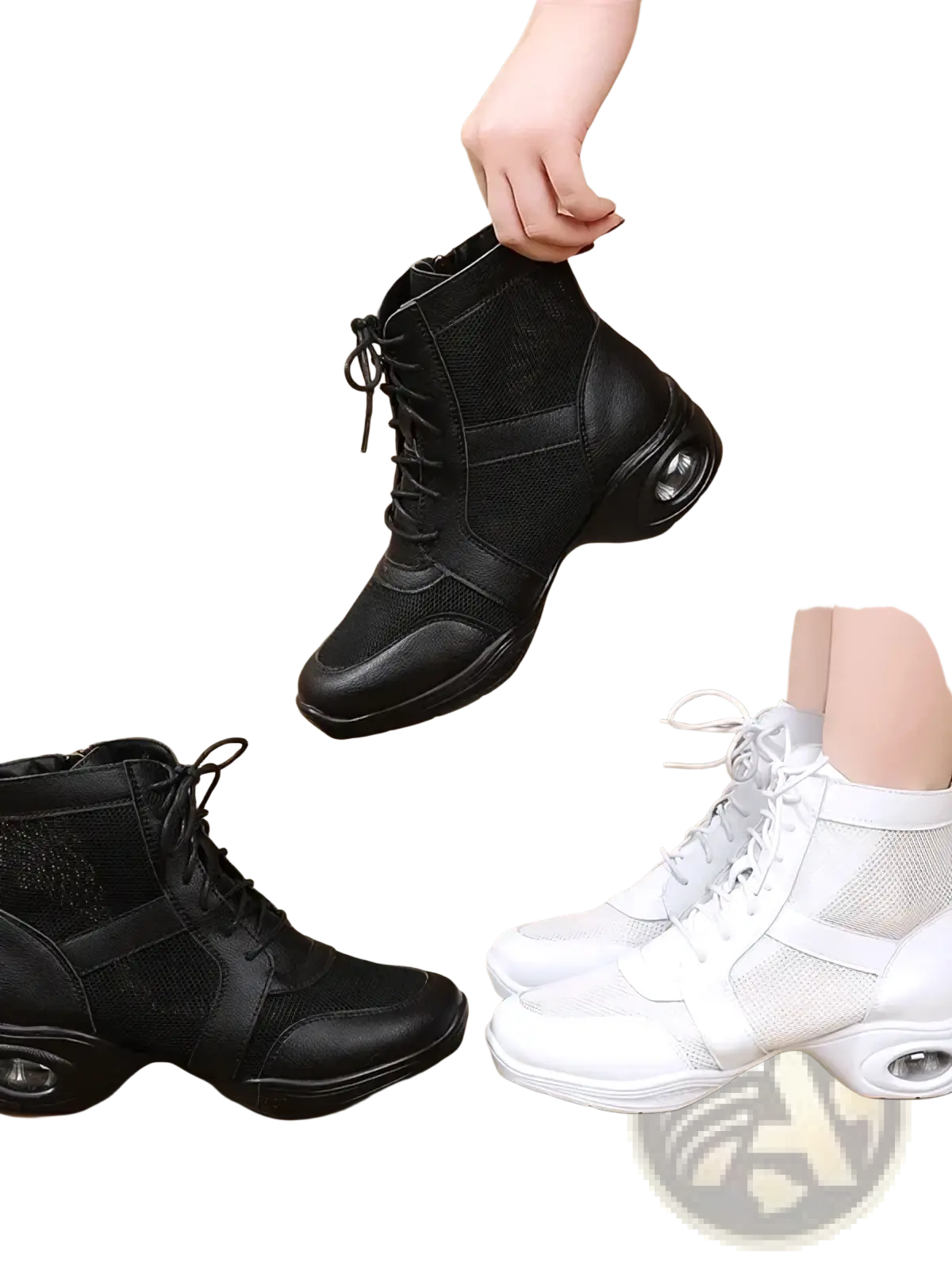 Black mesh and leather women leather jazz dance shoe with cushioned air-cushioned mid heel visible from the back side