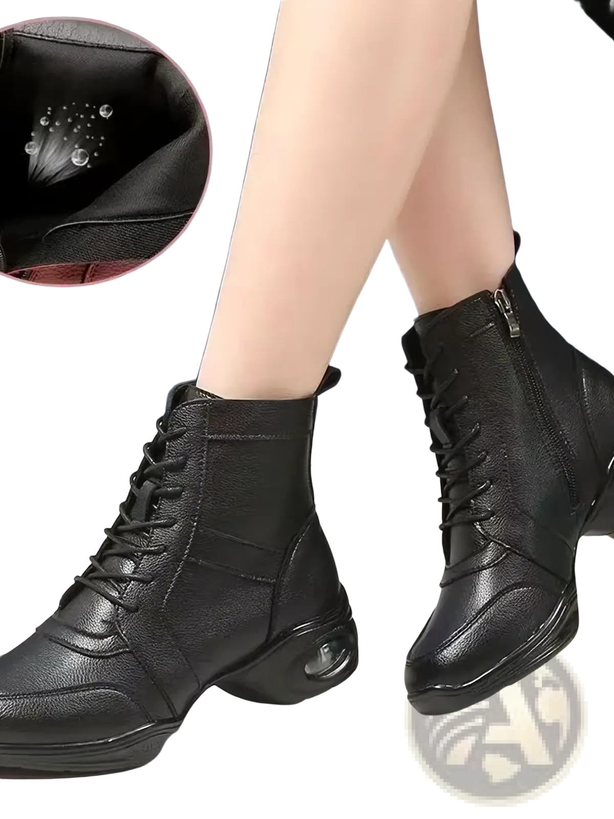 Black leather ankle boots with laces and cushioned mid heel designed as women leather jazz dance shoes black mesh