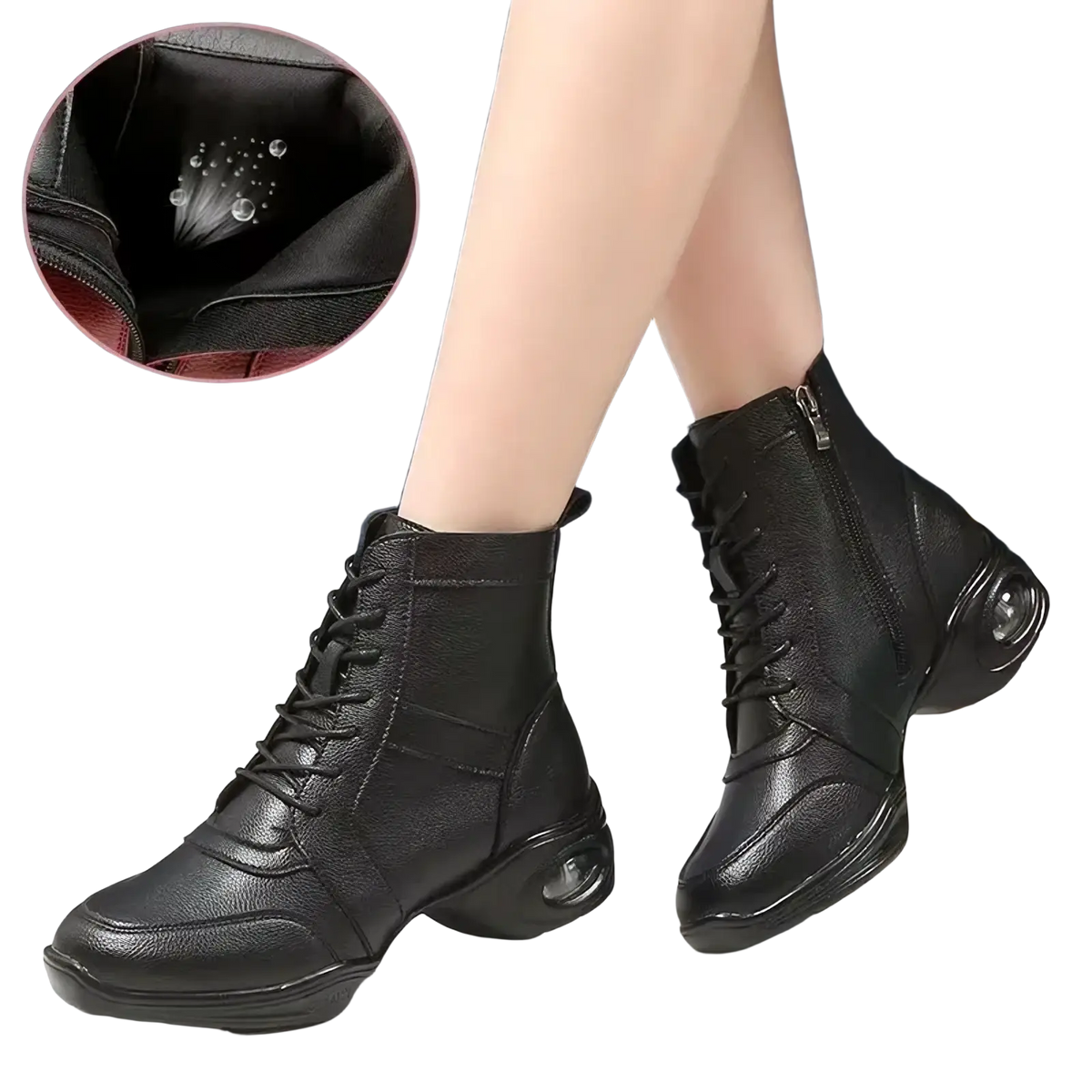Women leather jazz dance shoes mid heel black leather lace-up boots with cushioned air heel and side zipper