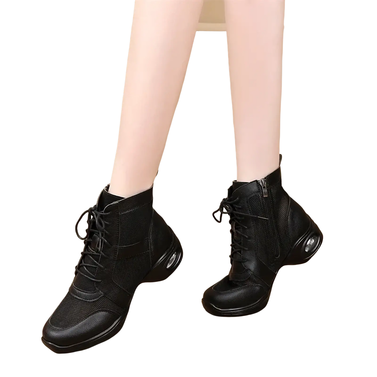 Women leather jazz dance shoes mid heel in black featuring lace-up design mesh panel and cushioned chunky sole
