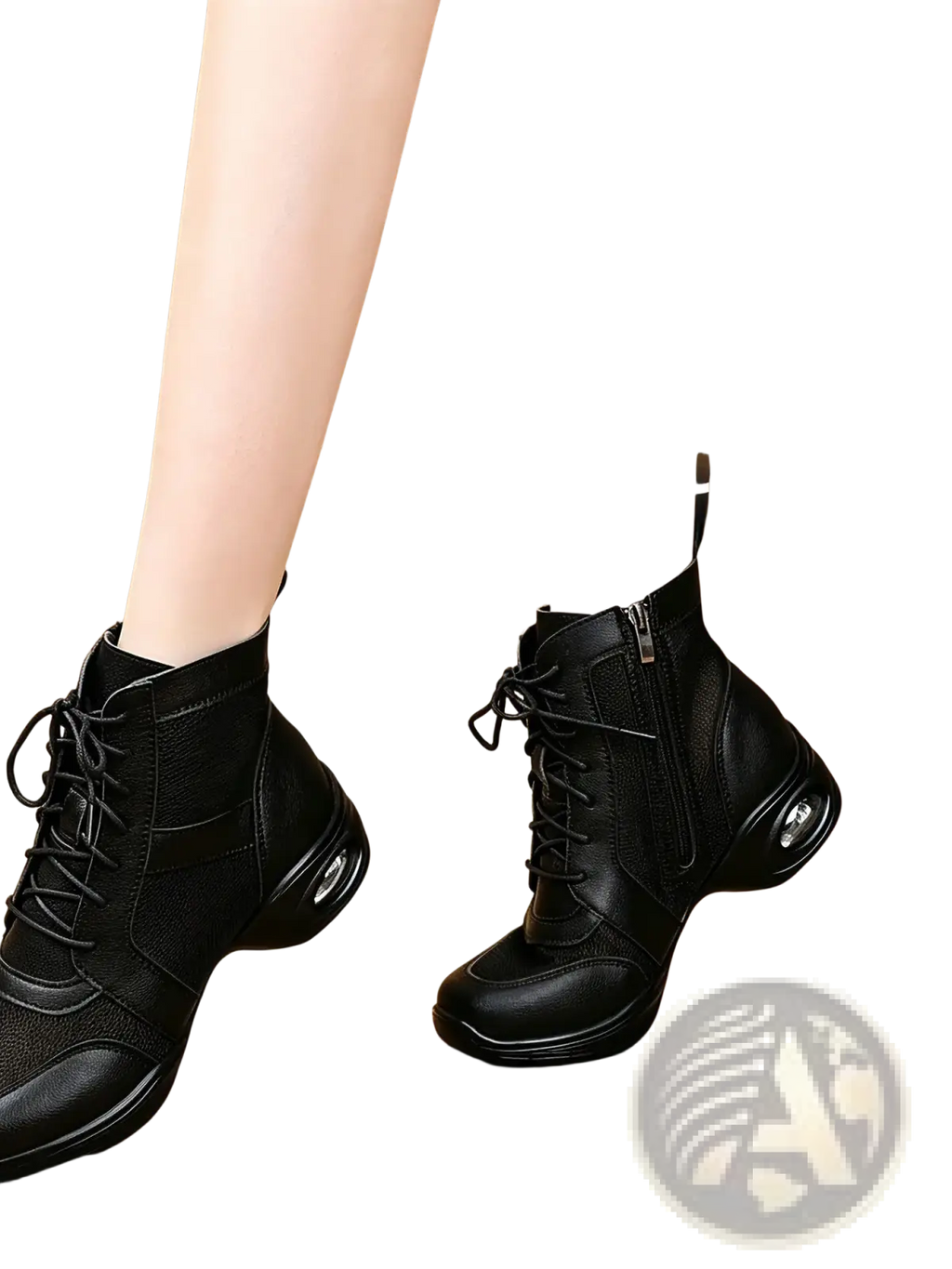 Black leather women jazz dance shoes with breathable mesh panels and cushioned mid heel sole in black