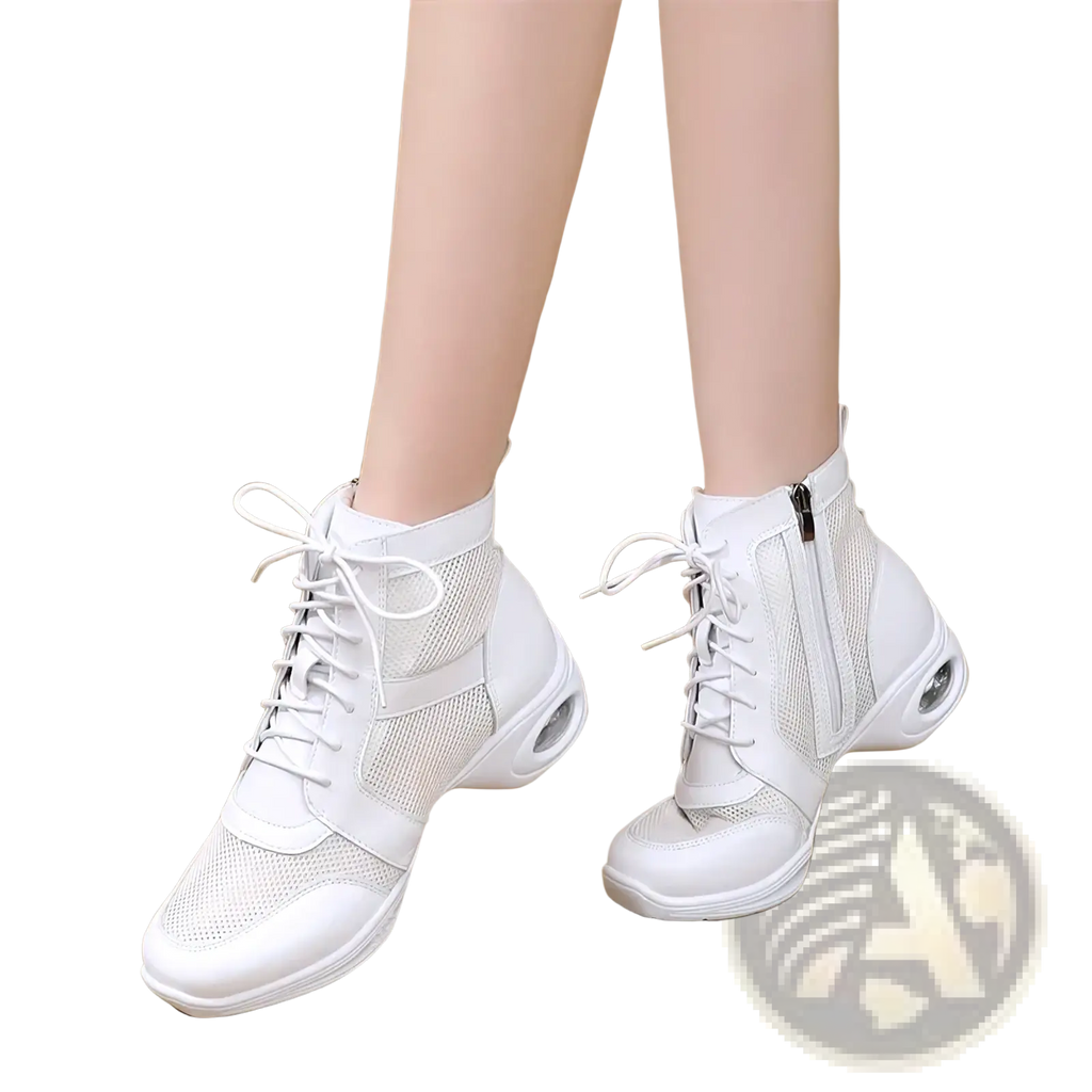 White lace-up leather jazz dance boots with black mesh panels and cushioned sole for women mid heel use