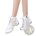 White lace-up leather jazz dance boots with black mesh panels and cushioned sole for women mid heel use