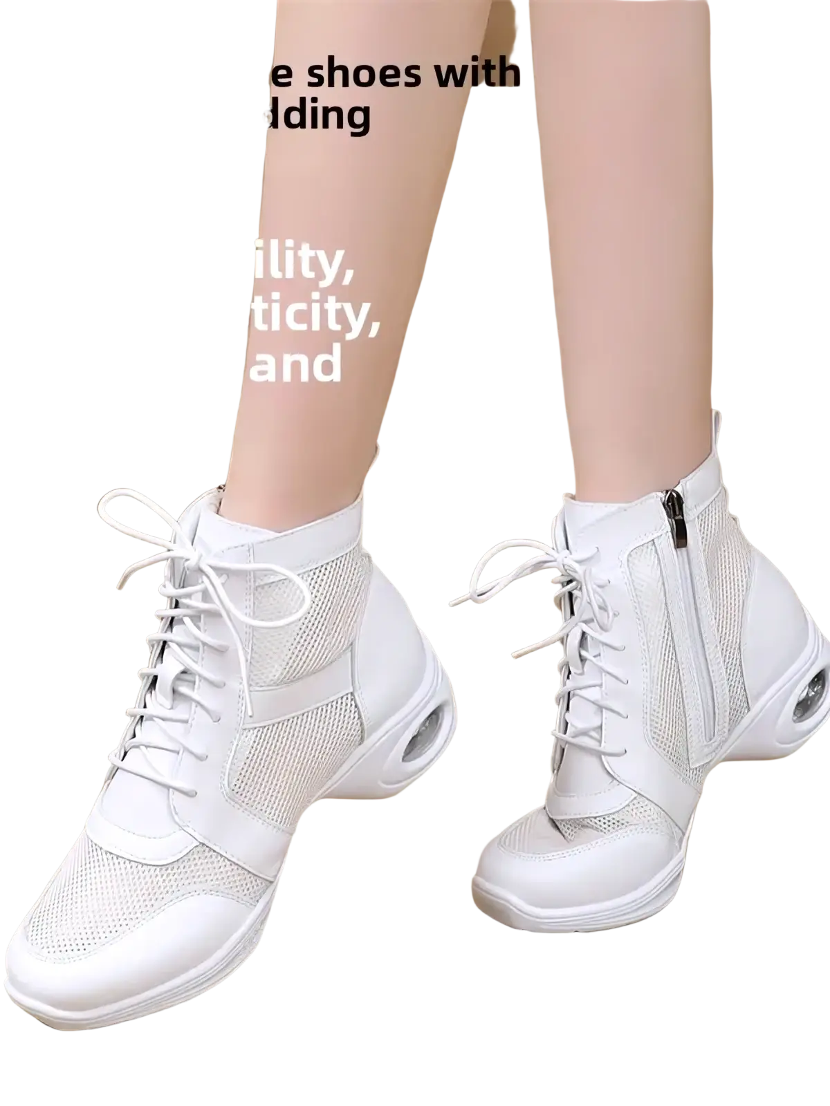 White mesh women leather jazz dance shoes with mid heel, padding, and lace-up design for comfortable performance