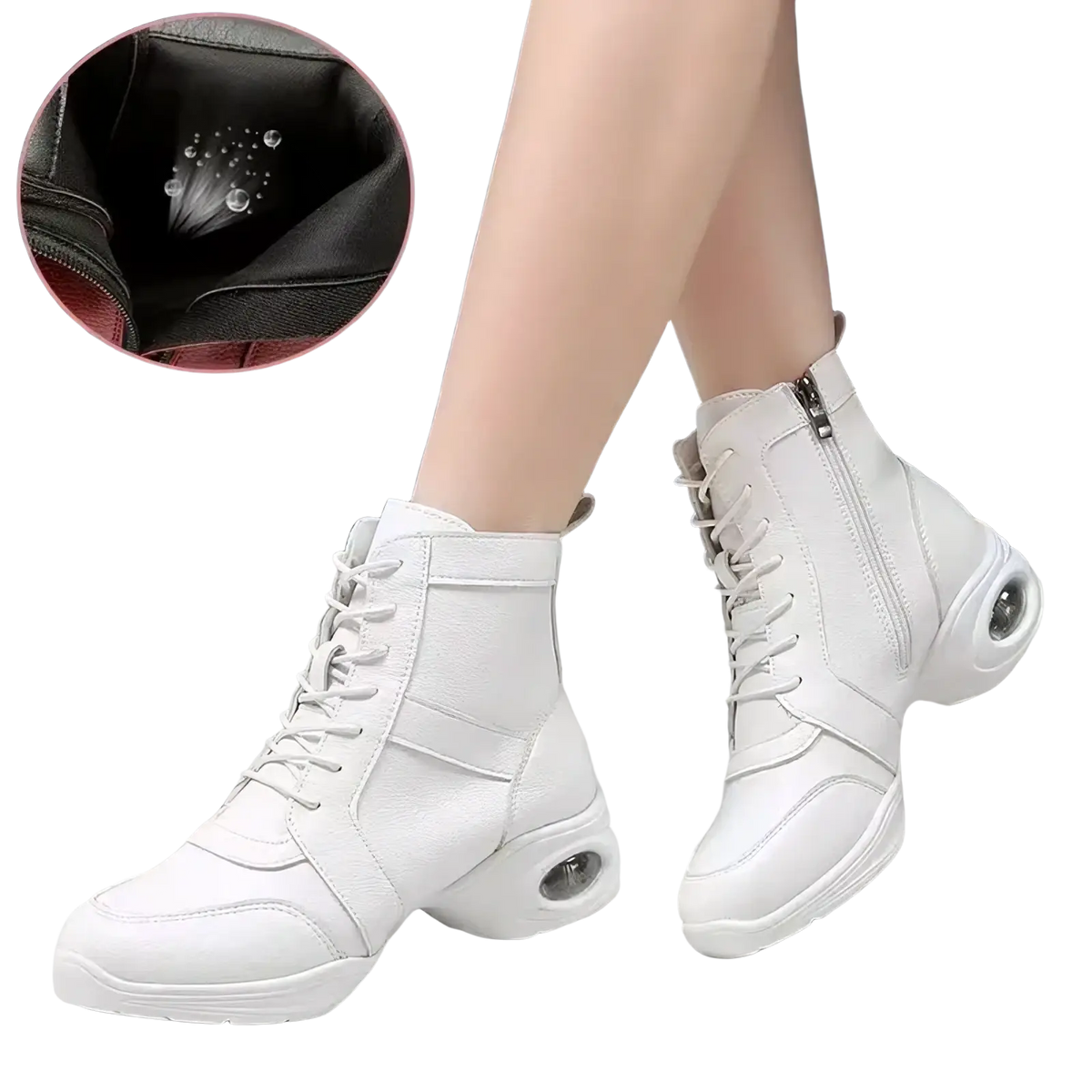 White leather ankle boots with laces and side zipper featuring built-in air cushioning for women jazz dance shoes