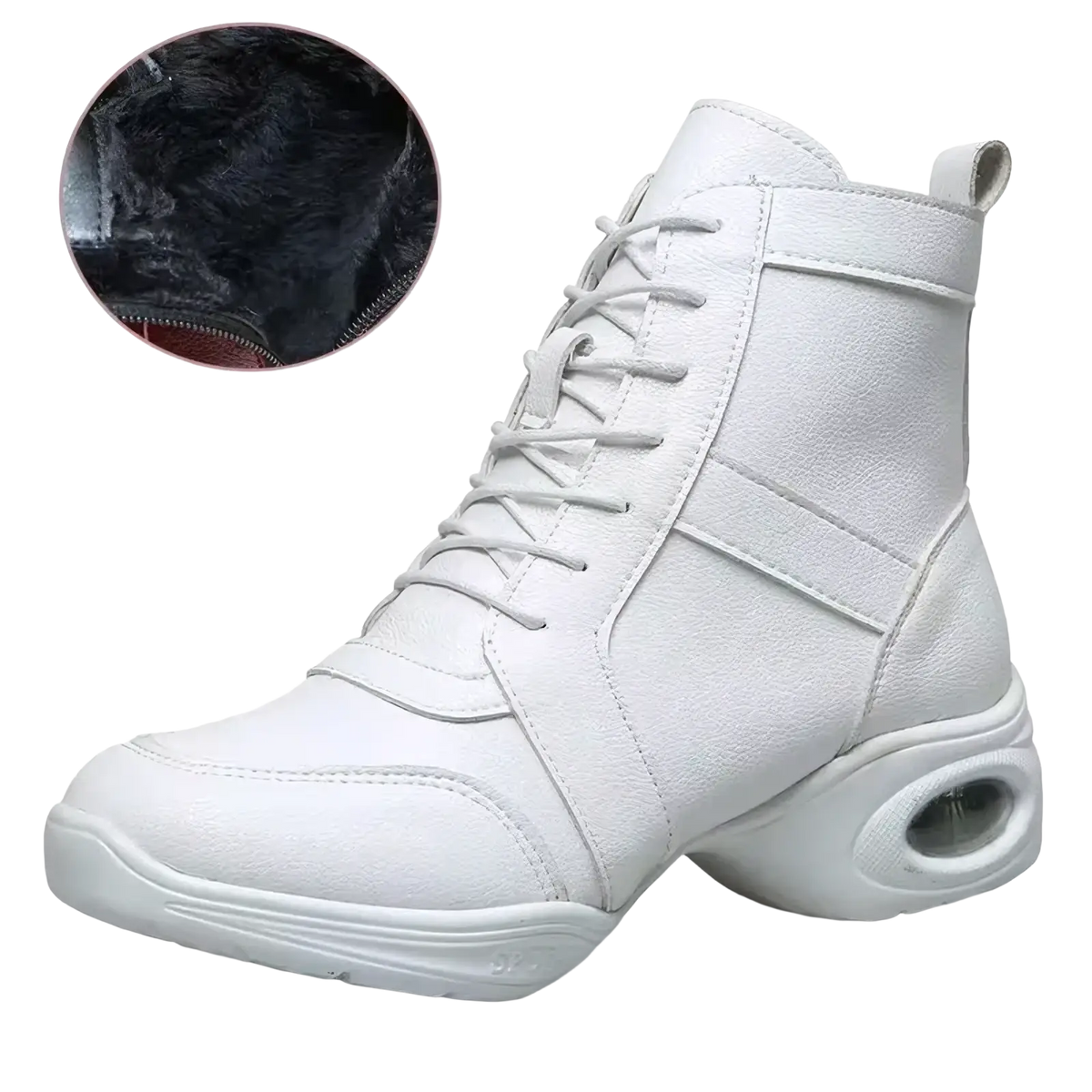 White leather ankle boot with cushioned air-filled sole and fleece lining for comfortable wear