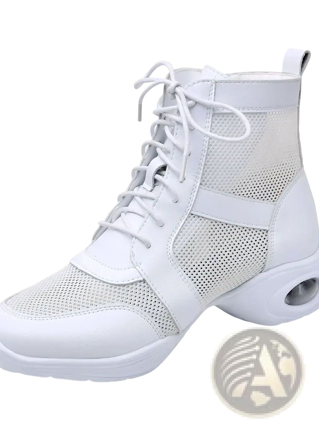 White mesh and leather women leather jazz dance shoes with cushioned air-filled heel in black mesh