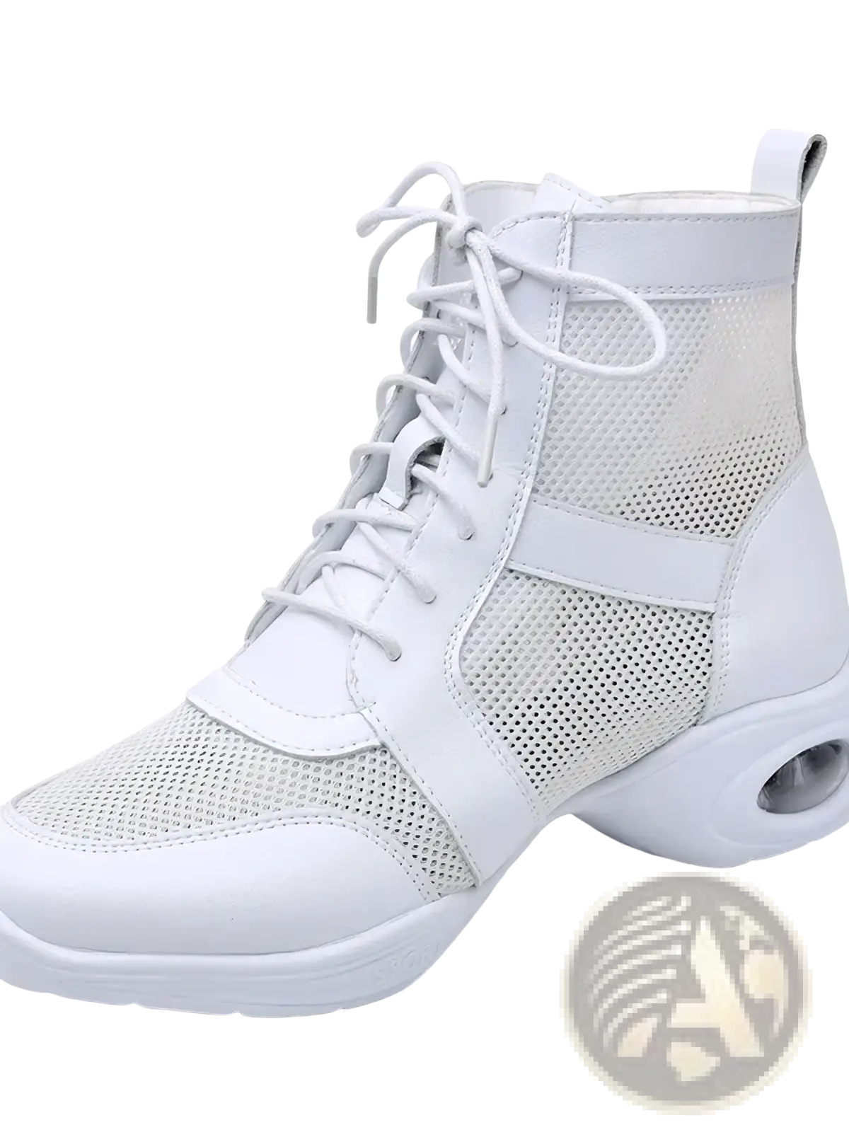 White mesh and leather women leather jazz dance shoes with cushioned air-filled heel in black mesh