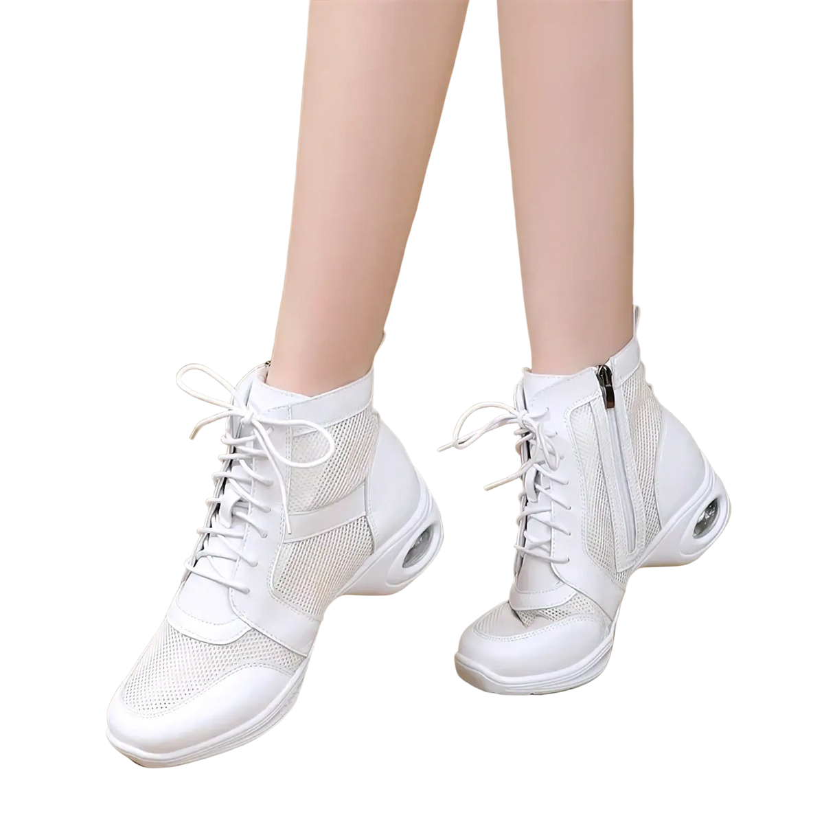 White lace-up leather jazz dance boots with black mesh panels and cushioned sole for women mid heel use