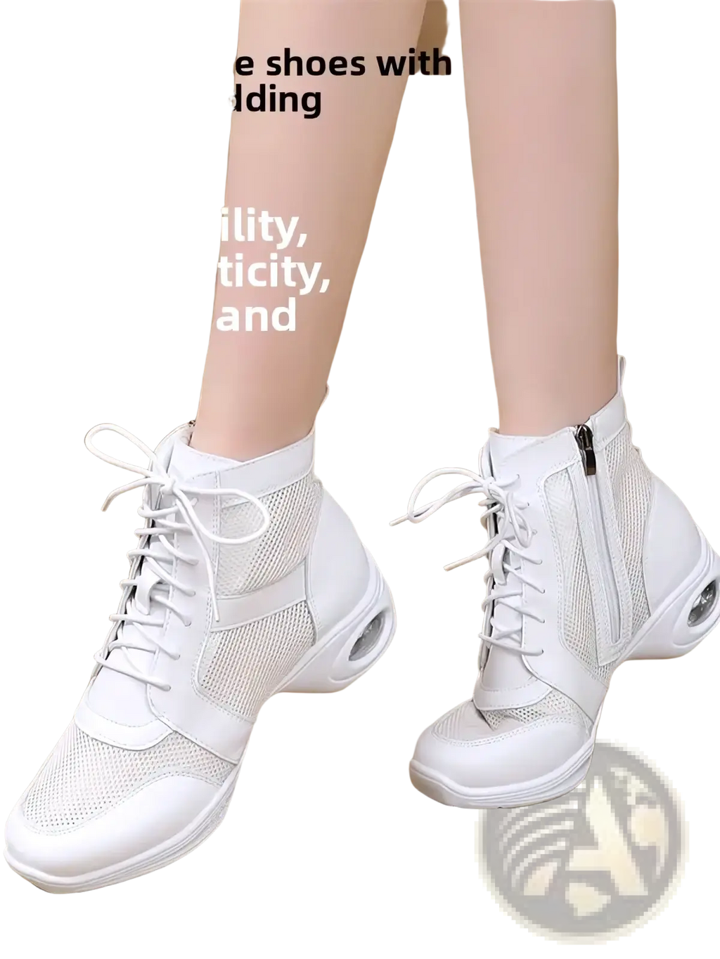 White mesh women leather jazz dance shoes with mid heel, padding, and lace-up design for comfortable performance