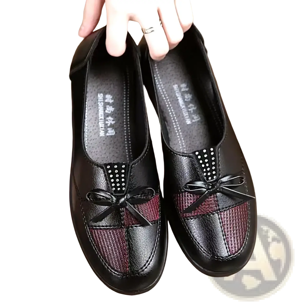 Women leather loafers bow flat shoes in black leather with maroon mesh panel and decorative bow detail
