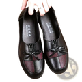 Women leather loafers bow flat shoes in black leather with maroon mesh panel and decorative bow detail
