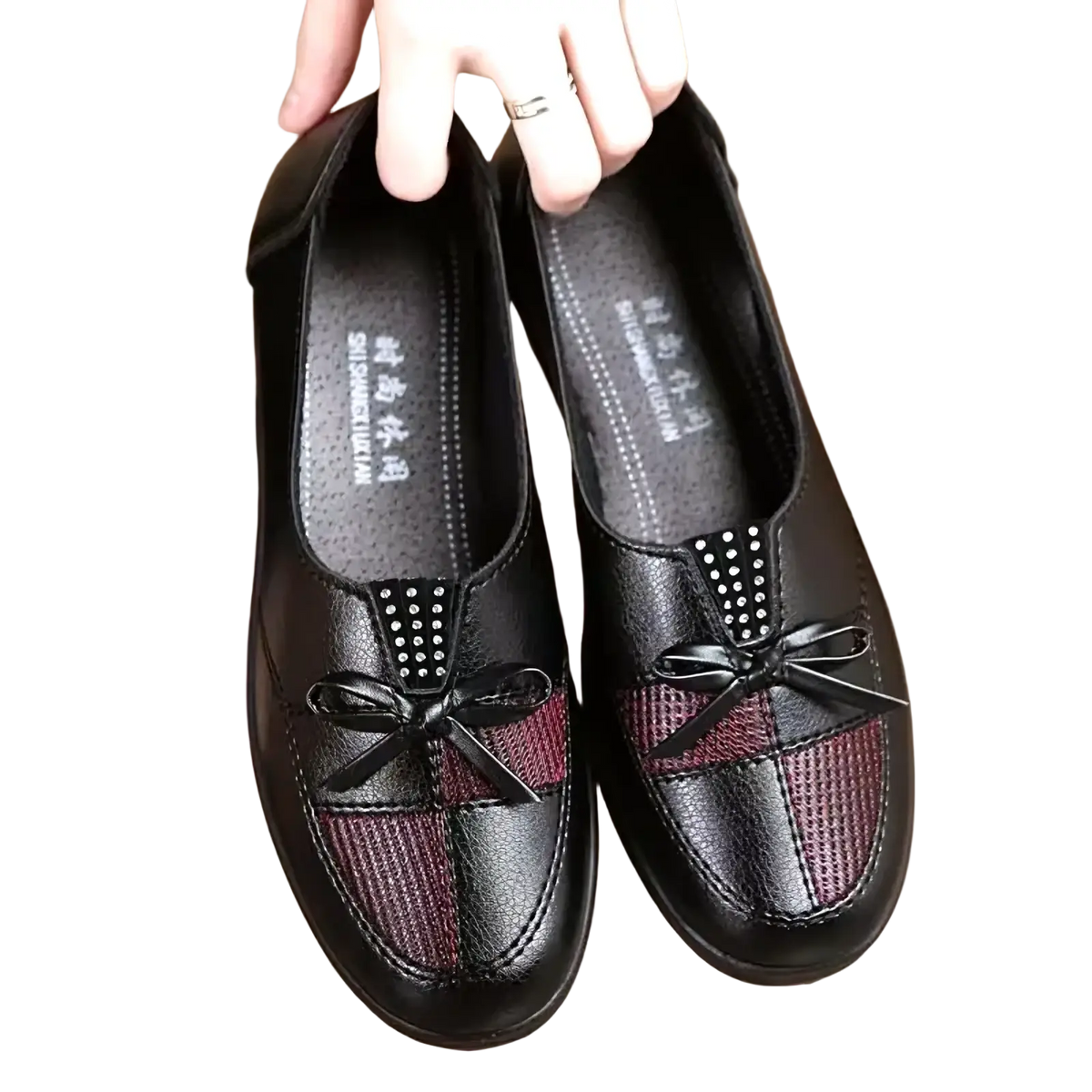 Women leather loafers bow flat shoes in black leather with maroon mesh panel and decorative bow detail