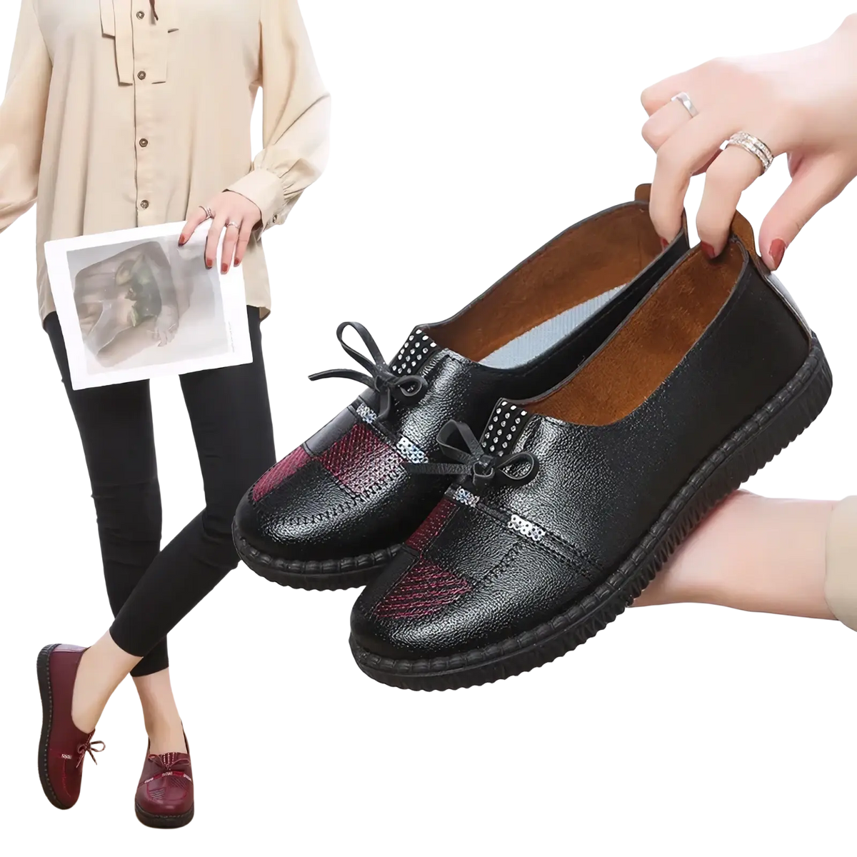 Women leather loafers bow flat shoes in black and burgundy leather with decorative bows and textured panels