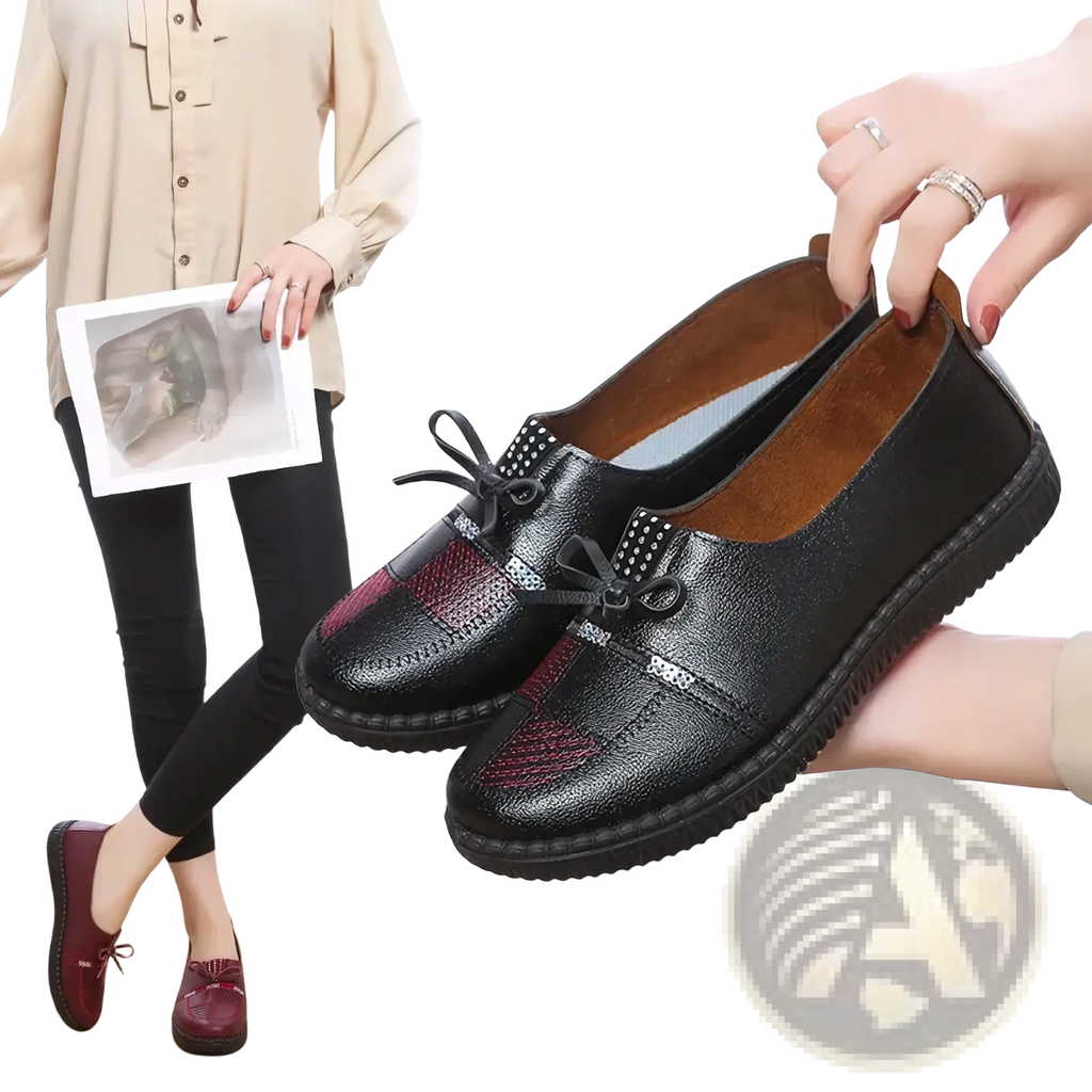 Women leather loafers bow flat shoes in black and burgundy leather with decorative bows and textured panels