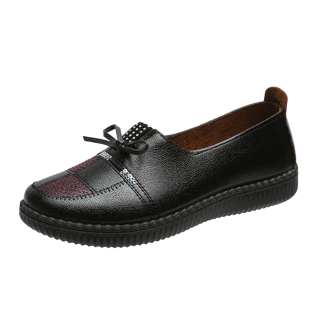 Women leather loafers bow flat shoes featuring black leather slip-on design with maroon textured panel and decorative bow