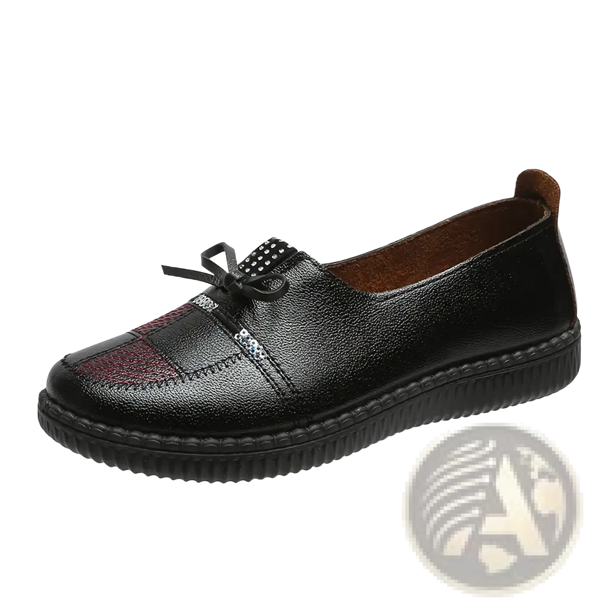 Women leather loafers bow flat shoes featuring black leather slip-on design with maroon textured panel and decorative bow