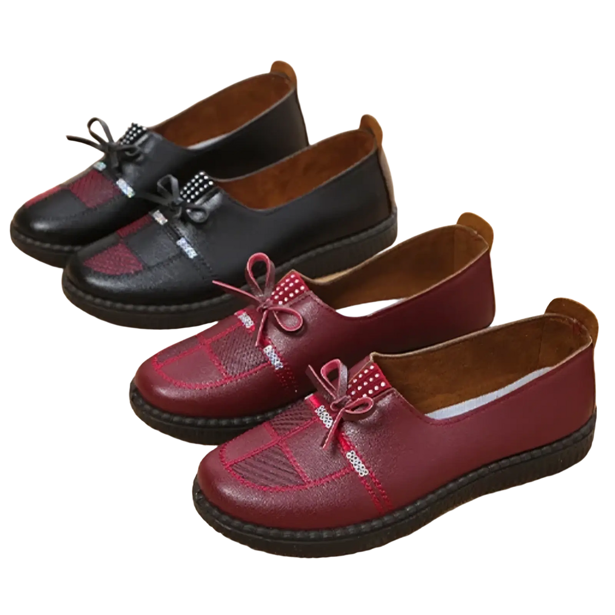 Women leather loafers in burgundy with decorative bows and stitched paneling slip-on flat shoes