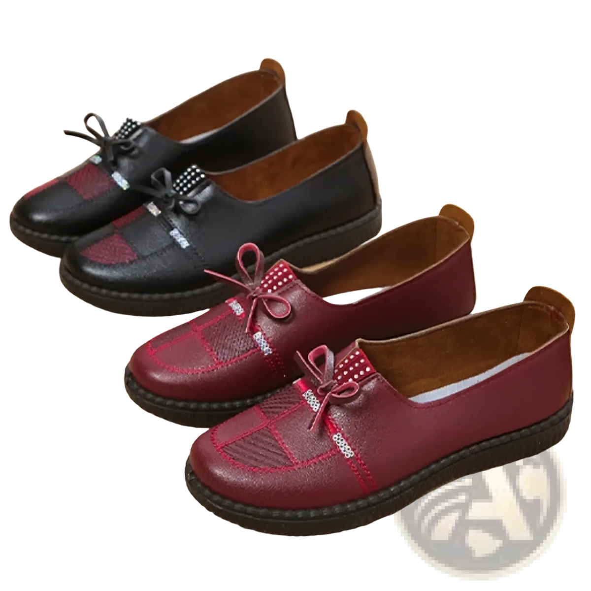 Women leather loafers in burgundy with decorative bows and stitched paneling slip-on flat shoes