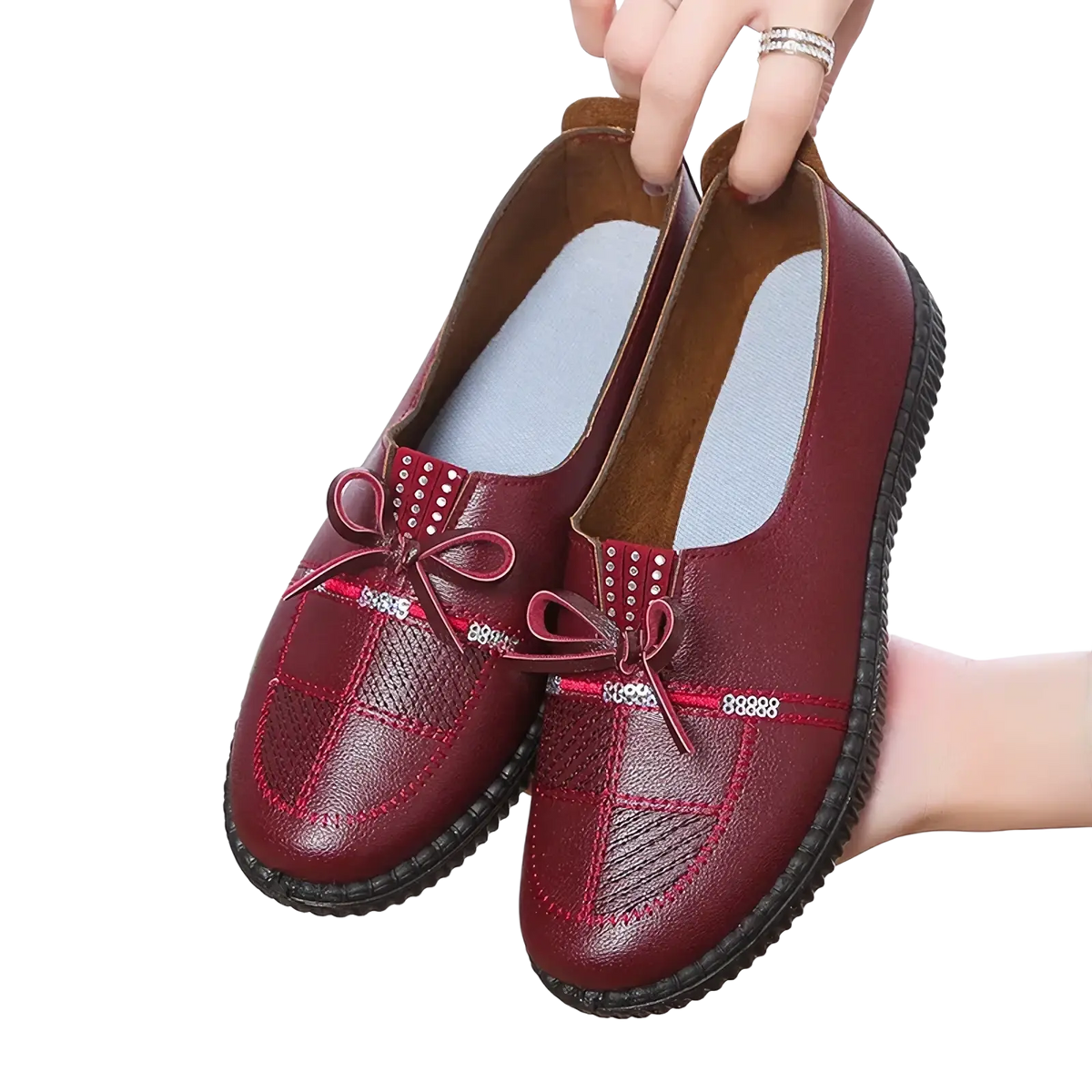 Women leather loafers in maroon with decorative bows and rhinestone accents perfect for stylish flat shoes