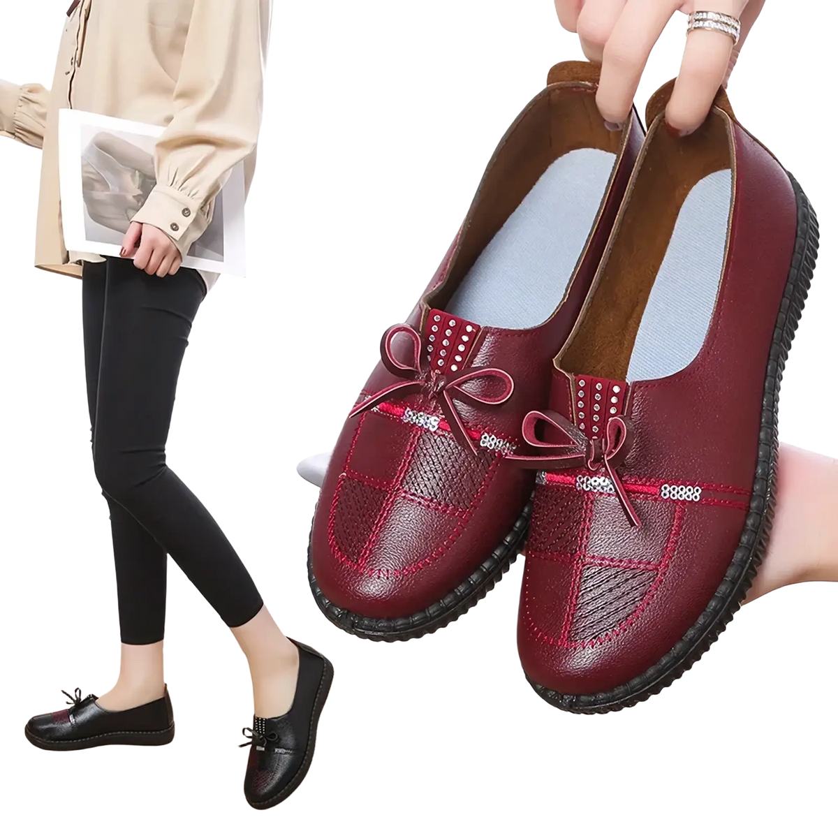 Maroon leather women loafers with decorative bows and rhinestone accents flat shoes for casual wear